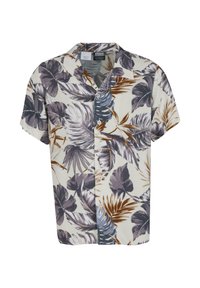 Rövid ujjú ing könnyű anyagból, fehér alapon nagy barna, zöld és lila levélmintákkal, gombos elülső résszel.