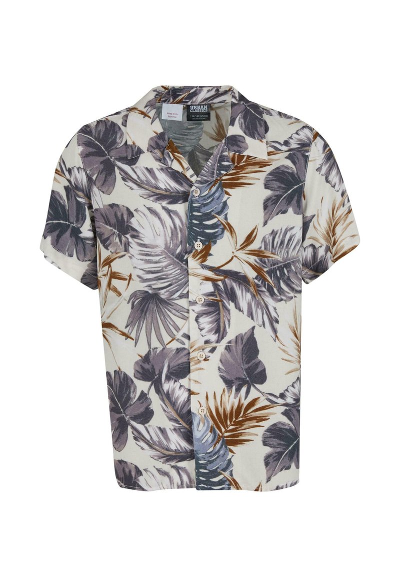 Rövid ujjú ing könnyű anyagból, fehér alapon nagy barna, zöld és lila levélmintákkal, gombos elülső résszel.