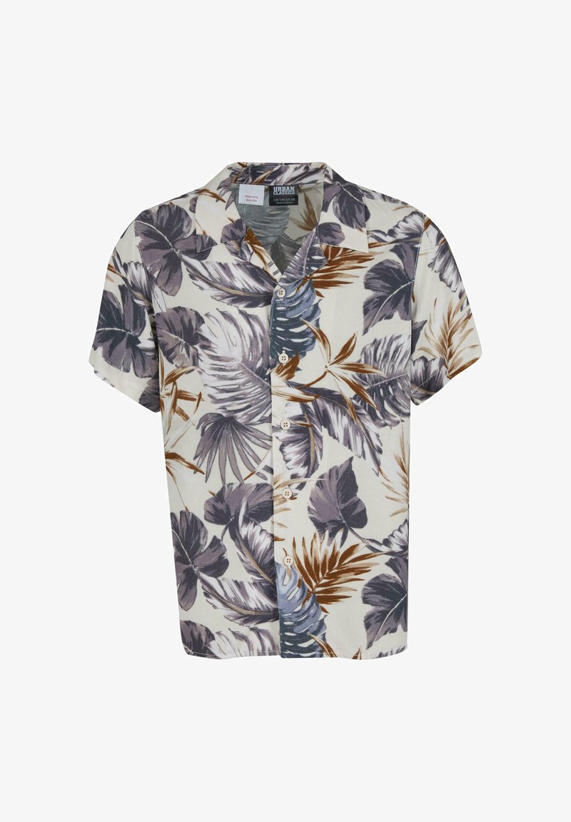 Rövid ujjú ing könnyű anyagból, fehér alapon nagy barna, zöld és lila levélmintákkal, gombos elülső résszel.