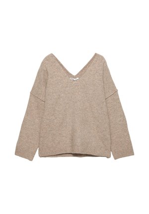 Pull en beige à col en V avec des manches longues et amples, ourlet côtelé et texture douce. Design simple dans une couleur neutre pour un style polyvalent.