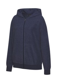 Dunkelblaues Zip-Hoodie aus weichem Material, mit Kapuze, gerippten Bündchen und zwei Fronttaschen. Glatte Textur mit lockerer Passform.