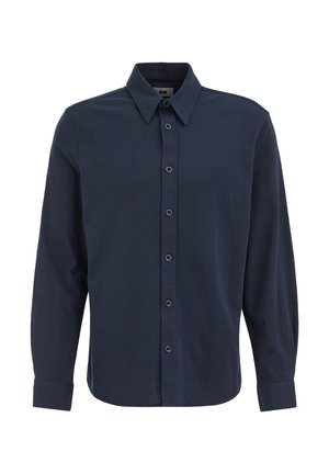 Marineblauw overhemd met lange mouwen, knopen, kraag, zwarte knopen en subtiel logo op de linkerborst.