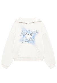 Sweat à capuche blanc avec une poche avant, une capuche avec cordon de serrage, et un design de texte graphique en bleu métallique et argenté avec un effet dégradé.