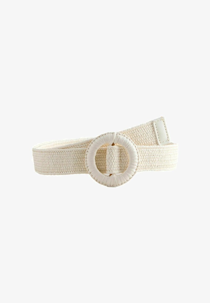 Ceinture tissée crème avec boucle ronde enveloppée, texture plate et extrémité cousue, présentée sur fond blanc.