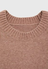 Light brown knit sweater, featuring a ribbed crew neck, soft texture, and a smooth, uniform appearance. No visible patterns or hardware.