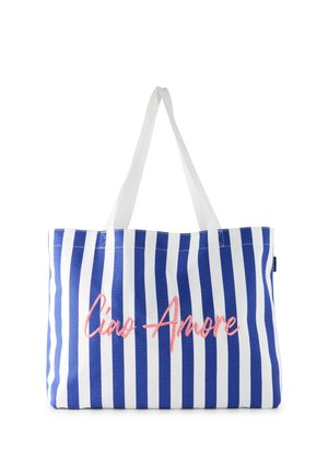 Torba typu tote z pionowymi niebiesko-białymi paskami oraz białymi uchwytami, z różowym kursywnym napisem "Ciao Amore" z przodu.