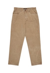 Khaki corduroy trousers with a relaxed fit, featuring two front pockets, a soft texture, and visible stitching along the seams.