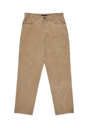 Khaki corduroy trousers with a relaxed fit, featuring two front pockets, a soft texture, and visible stitching along the seams.