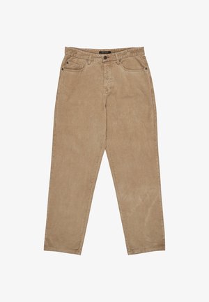 Khakifarbene Cord-Hosen mit entspannter Passform, ausgestattet mit zwei Vordertaschen, einer weichen Textur und sichtbaren Nähten entlang der Säume.