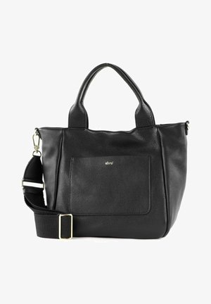 Black leather tote bag with textured surface, dual top handles, and adjustable strap. Features a front pocket and subtle branding.