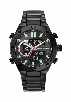 Schwarze Skechers Armbanduhr mit analogem und digitalem Display, Metallgliederarmband, Stoppuhr und Tasten beschriftet mit Licht, Modus, Start und Reset.