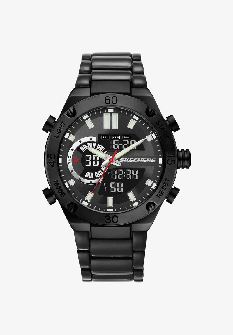 Schwarze Skechers Armbanduhr mit analogem und digitalem Display, Metallgliederarmband, Stoppuhr und Tasten beschriftet mit Licht, Modus, Start und Reset.
