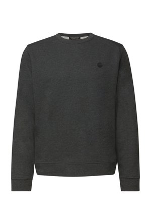 Felpa scura grigia a maniche lunghe con collo tondo, polsini e orlo a coste, con un piccolo logo circolare sul petto a sinistra.