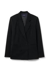 Blazer noir à double boutonnage doté de revers crantés, de deux poches avant et d'une texture lisse, étiqueté "PIOMBO" à l'intérieur.
