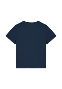Marineblaue Baumwoll-T-Shirt mit kurzen Ärmeln, rundem Halsausschnitt und glatter Textur. Die Rückseite weist keinen Druck oder zusätzliche Details auf.