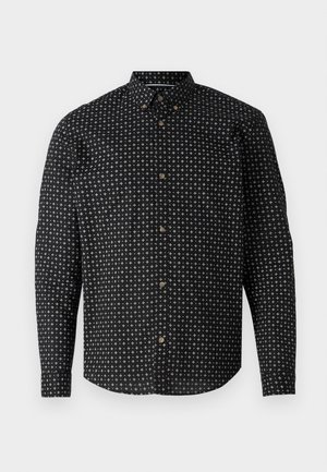 Svart skjorte med knapp-up, prydet med et mønster av hvite kors. Den har lange ermer, krage og knapper i gulltone.