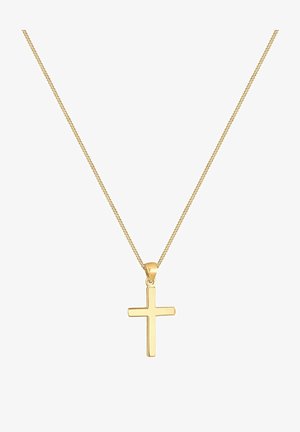 Colierul de ton auriu prezintă un pandantiv în formă de cruce, simplu și neted, pe o lanț delicat, evidențiind un finisaj lustruit și un design minimalist.