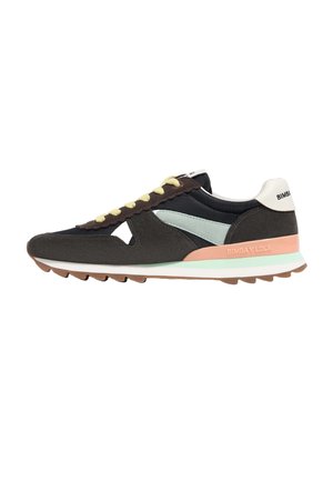 Sneakers met een donkerbruin bovenmateriaal, lichtblauwe accenten en gele veters. Bevat een witte hielkap en een gestructureerde bruine rubberen zool.