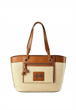 Sac cabas tissé beige avec garniture en cuir marron, double poignée, poche zippée frontale et logo Love Moschino avec accent en forme de cœur.
