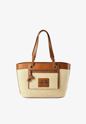 Borsa tote intrecciata beige con rifiniture in pelle marrone, doppi manici, tasca frontale con cerniera e logo Love Moschino con accento a cuore.