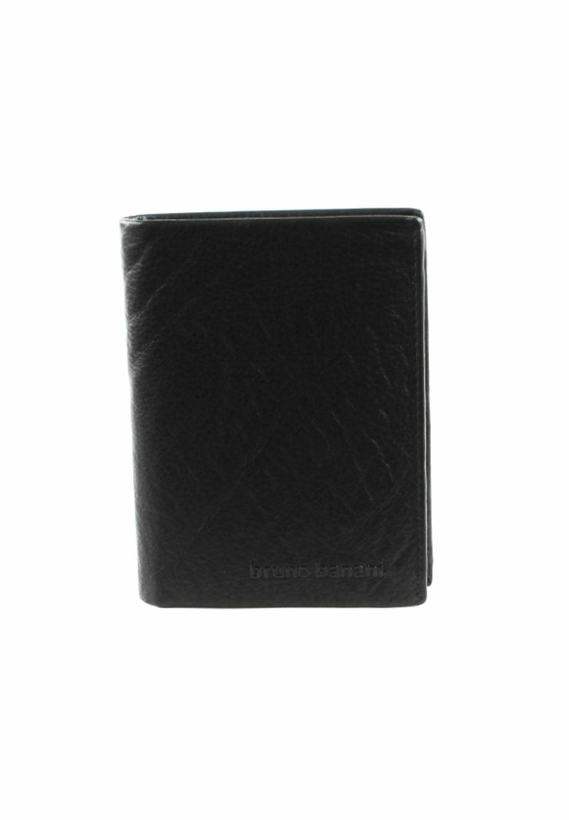 Black leather wallet with a textured finish. Features a folded design and embossed branding on the front, compact and minimalist in shape.