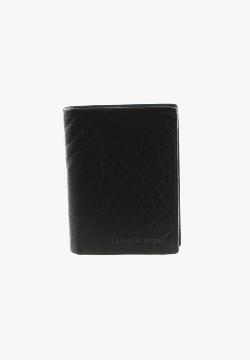 Black leather wallet with a textured finish. Features a folded design and embossed branding on the front, compact and minimalist in shape.