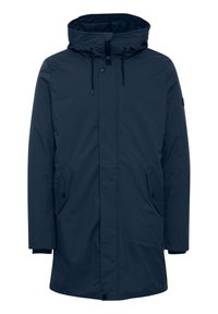 Marineblå vanntett parka med hette, glidelås foran, trykknapper, to sidelommer og elastiske mansjetter. Glatt tekstur, matt finish.