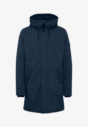 Parka impermeabile blu navy con cappuccio, chiusura frontale con zip, bottoni a pressione, due tasche laterali e polsini elasticizzati. Tessuto liscio, finitura opaca.