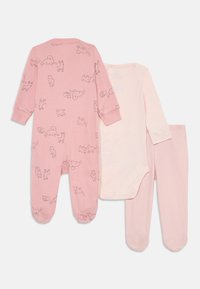 Three-piece baby outfit set: pink footed romper with animal prints, pastel pink long-sleeve bodysuit, and matching pink leggings.