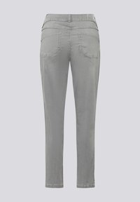 Gray denim pants with a slim fit, featuring two back pockets, subtle stitching, and a straight leg design. Smooth, slightly textured fabric.