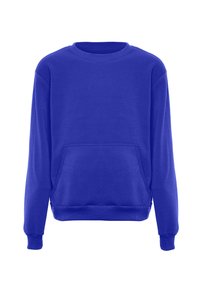Blauwe katoenen sweatshirt met lange mouwen, ronde hals en een voorzak. Beschikt over ribgebreide manchetten en zoom. Soepele textuur, casual ontwerp.