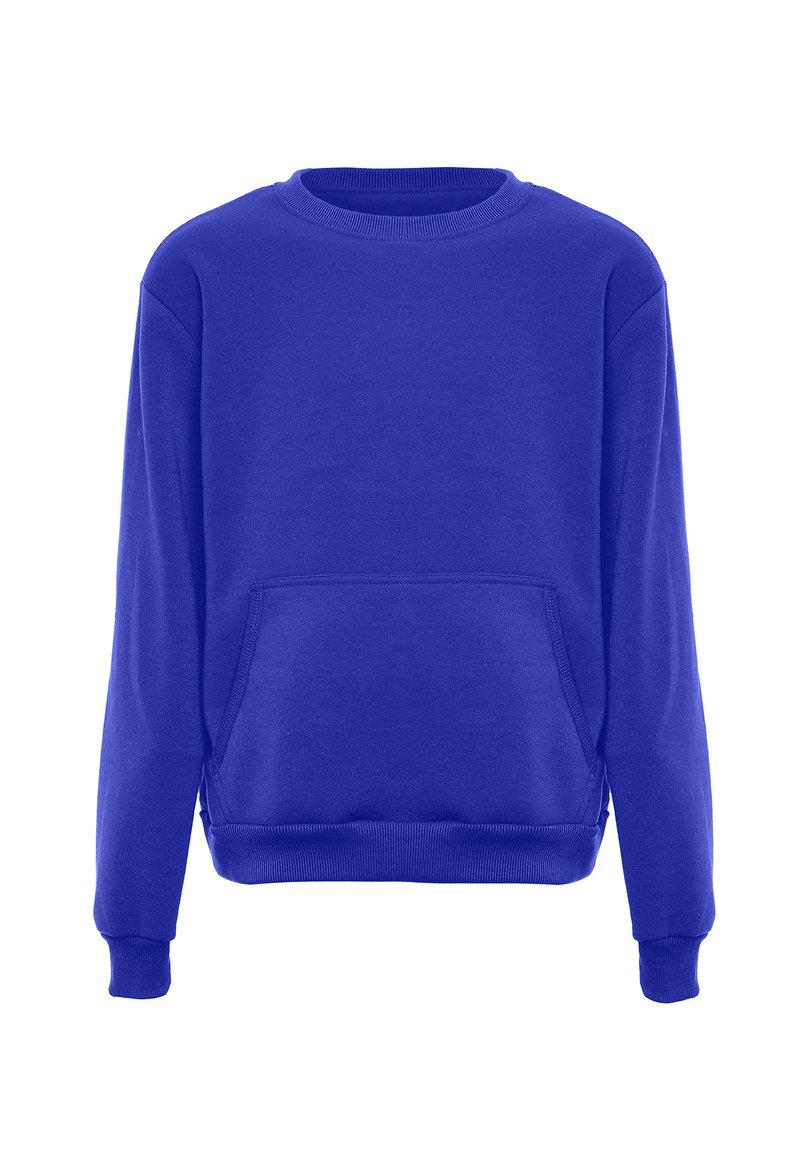 Blauwe katoenen sweatshirt met lange mouwen, ronde hals en een voorzak. Beschikt over ribgebreide manchetten en zoom. Soepele textuur, casual ontwerp.
