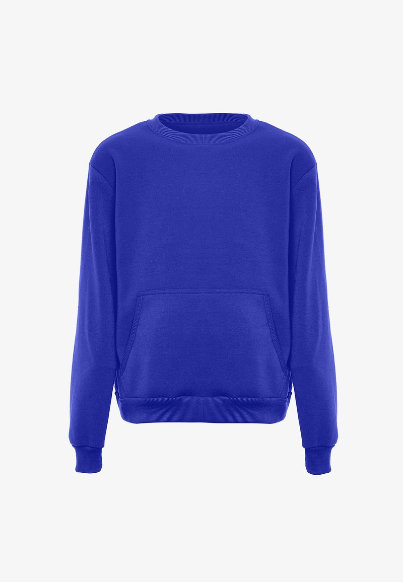 Blue cotton sweatshirt with long sleeves, crew neck, and front pocket. Features ribbed cuffs and hem. Smooth texture, casual design.