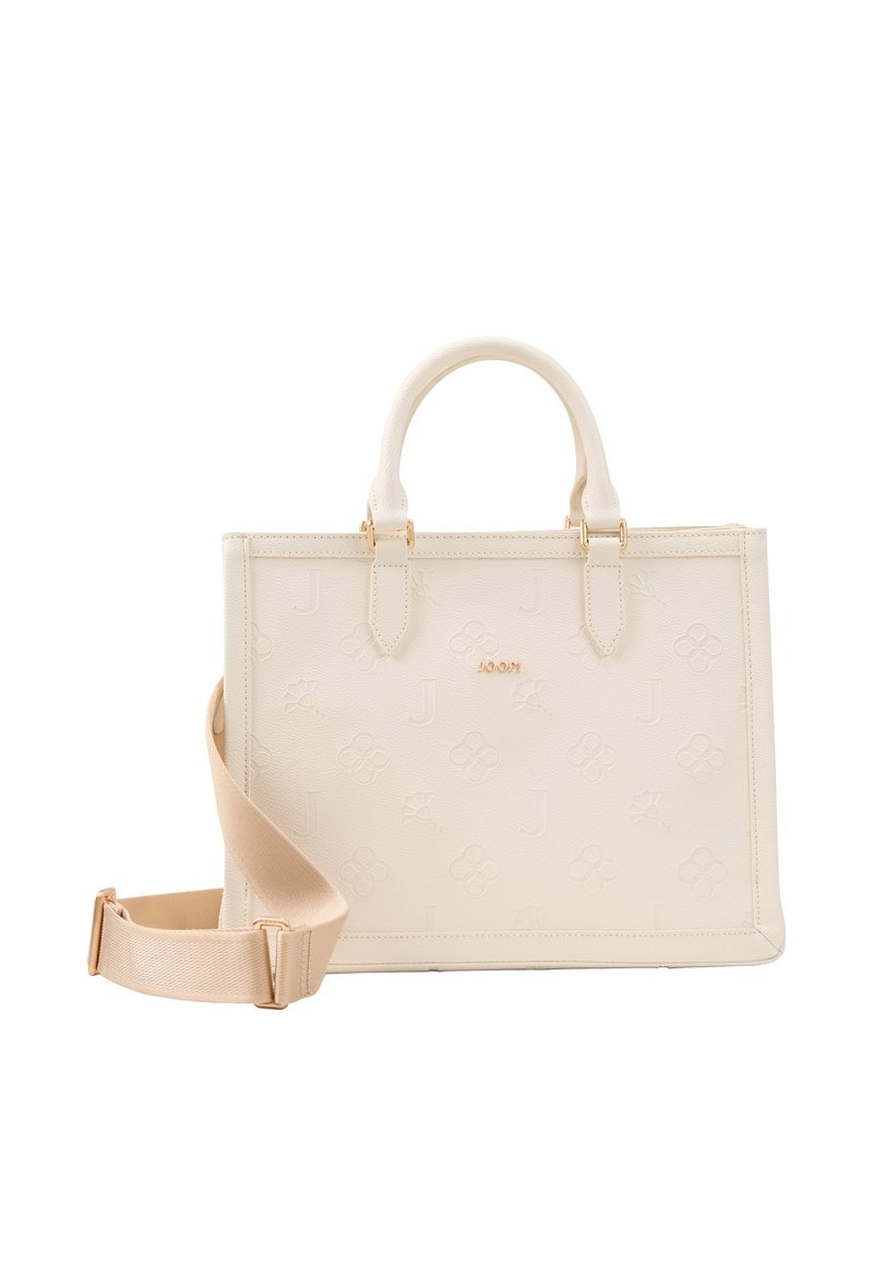 Beige Handtasche aus Kunstleder mit geprägten floralen Mustern, zwei Griffen und abnehmbaren Schulterriemen. Verzierungen aus goldfarbenem Metall.