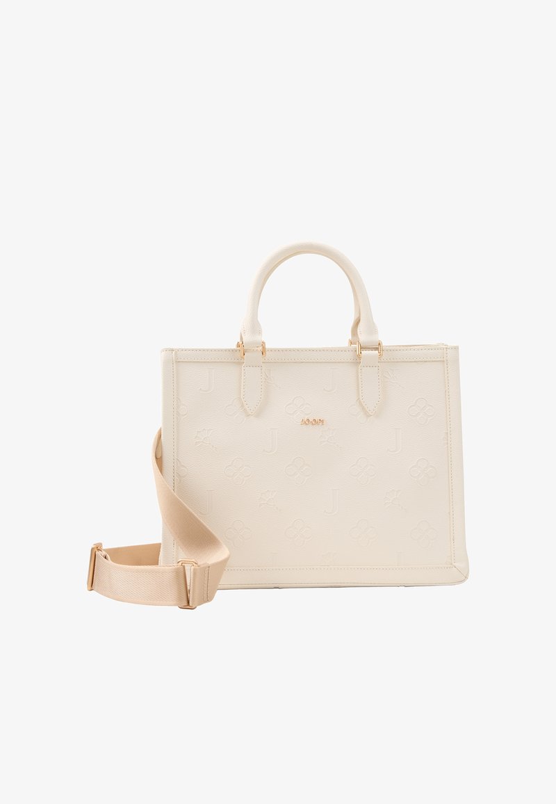 Beżowa torebka z sztucznej skóry z wytłoczonymi wzorami kwiatowymi, podwójnymi uchwytami i odczepianym paskiem na ramię. Akcenty w kolorze złotym.