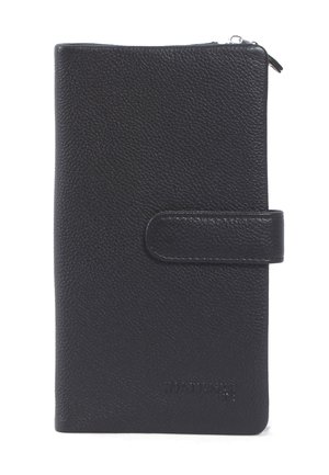 Black leather wallet with a textured finish, featuring a snap closure and a zipper at the top; embossed branding on the lower front.