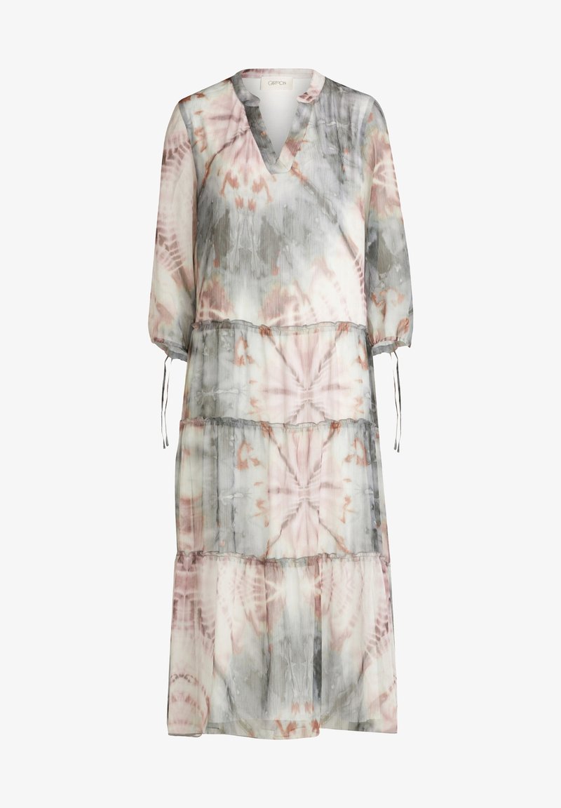 Robe légère à volants en gris, blanc et rose pâle avec un motif de feuilles, col en V et manches 3/4 avec poignets réglables.