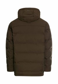 Brun puffjakke med hætte, prydet med et quiltet design og en lige kant. Stoffet virker glat og vandafvisende.