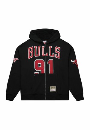 Schwarze Kapuzenjacke mit Reißverschluss, auf der "BULLS" in roter und weißer Schrift steht, darunter "91", und mit einem Bullenlogo auf dem rechten Ärmel. Hergestellt aus Baumwolle.