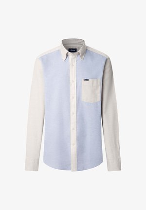 Camicia button-up azzurro chiaro e avorio con maniche lunghe, taschino e colletto dritto. Realizzata in un tessuto strutturato.