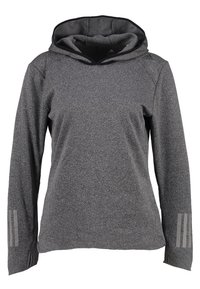 Pull-over à capuche à manches longues gris foncé avec trous pour les pouces et bandes réfléchissantes sur les manches, fabriqué en tissu texturé.