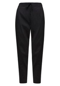 Czarne dopasowane spodnie dresowe wykonane z miękkiej tkaniny, z elastycznym paskiem w talii i sznurkiem oraz bocznymi kieszeniami. Gładka tekstura.