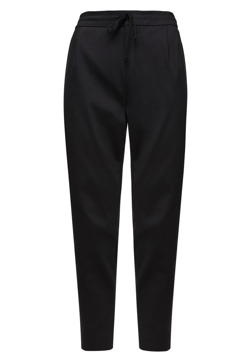 Czarne dopasowane spodnie dresowe wykonane z miękkiej tkaniny, z elastycznym paskiem w talii i sznurkiem oraz bocznymi kieszeniami. Gładka tekstura.