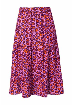Lila Rock mit elastischem Bund, versehen mit leuchtend orangefarbenem und dunkelviolettem Leopardenmuster sowie gestuftem Volantsaum.