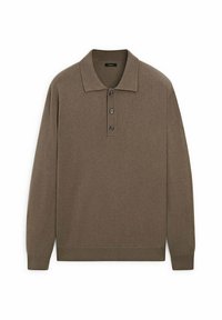 Braunes Langarm-Polohemd aus weichem Stoff mit flachem Kragen, Knopfleiste mit vier Knöpfen sowie geripptem Saum und Bündchen.