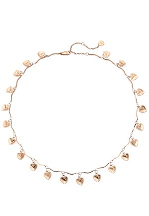 Goldkette mit kleinen herzförmigen Anhängern, die gleichmäßig entlang einer filigranen Kette mit Karabinerverschluss und verstellbarem Glied verteilt sind.