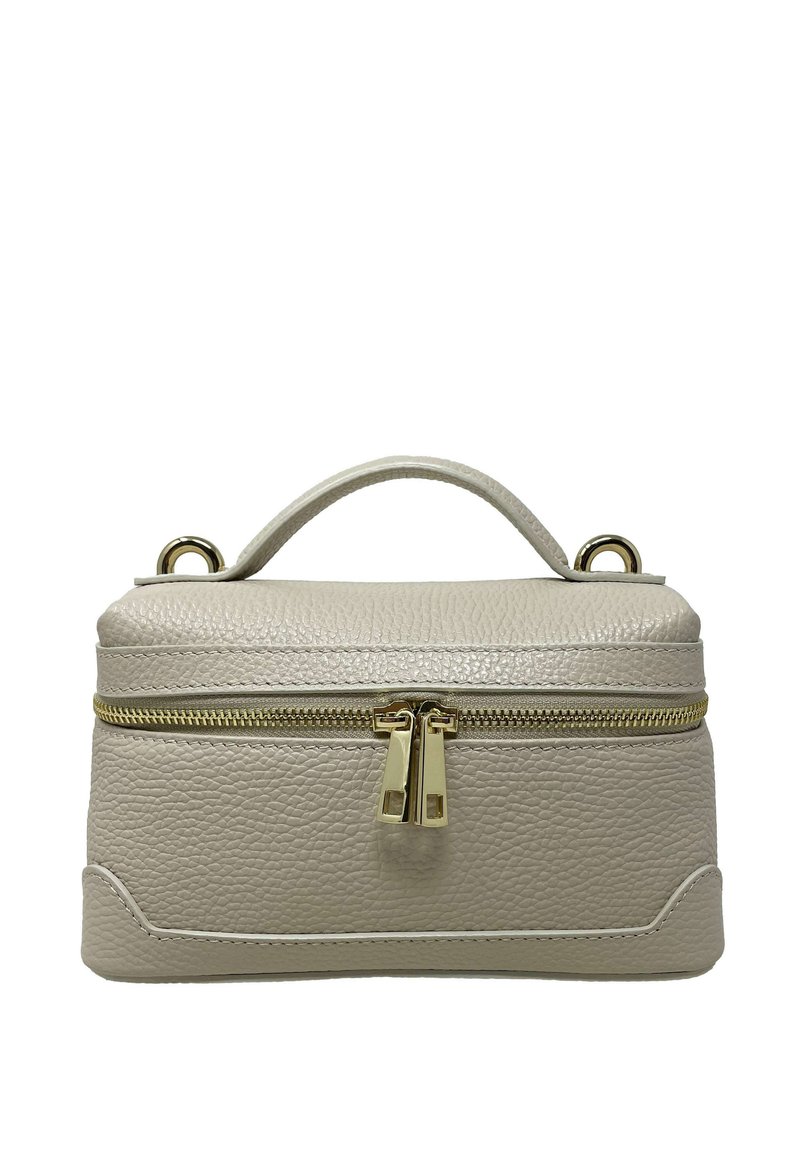 Světlobéžová kožená taška s texturovaným povrchem, zlatým zipem, horním uchycením a zaoblenými rohy. Viditelné akcenty ze zlatého kovu.