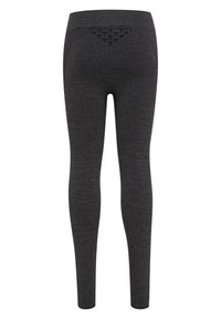 Grå leggings med en slät yta, figurnära design och hög midja. Anmärkningsvärda detaljer inkluderar ett mönstrat accent vid ryggen.