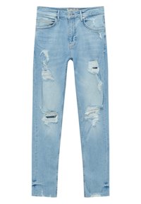 Světle modré džíny z denimu s několika roztrhanými dírami a zúženým střihem. Mají pět kapes a zapínání na knoflíky. Měkká textura.