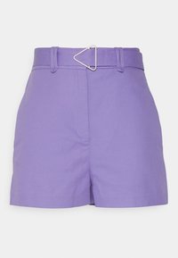 Purple shorts featuring a triangular metal buckle, flat front, side pockets, and a smooth cotton texture with a tailored fit.
